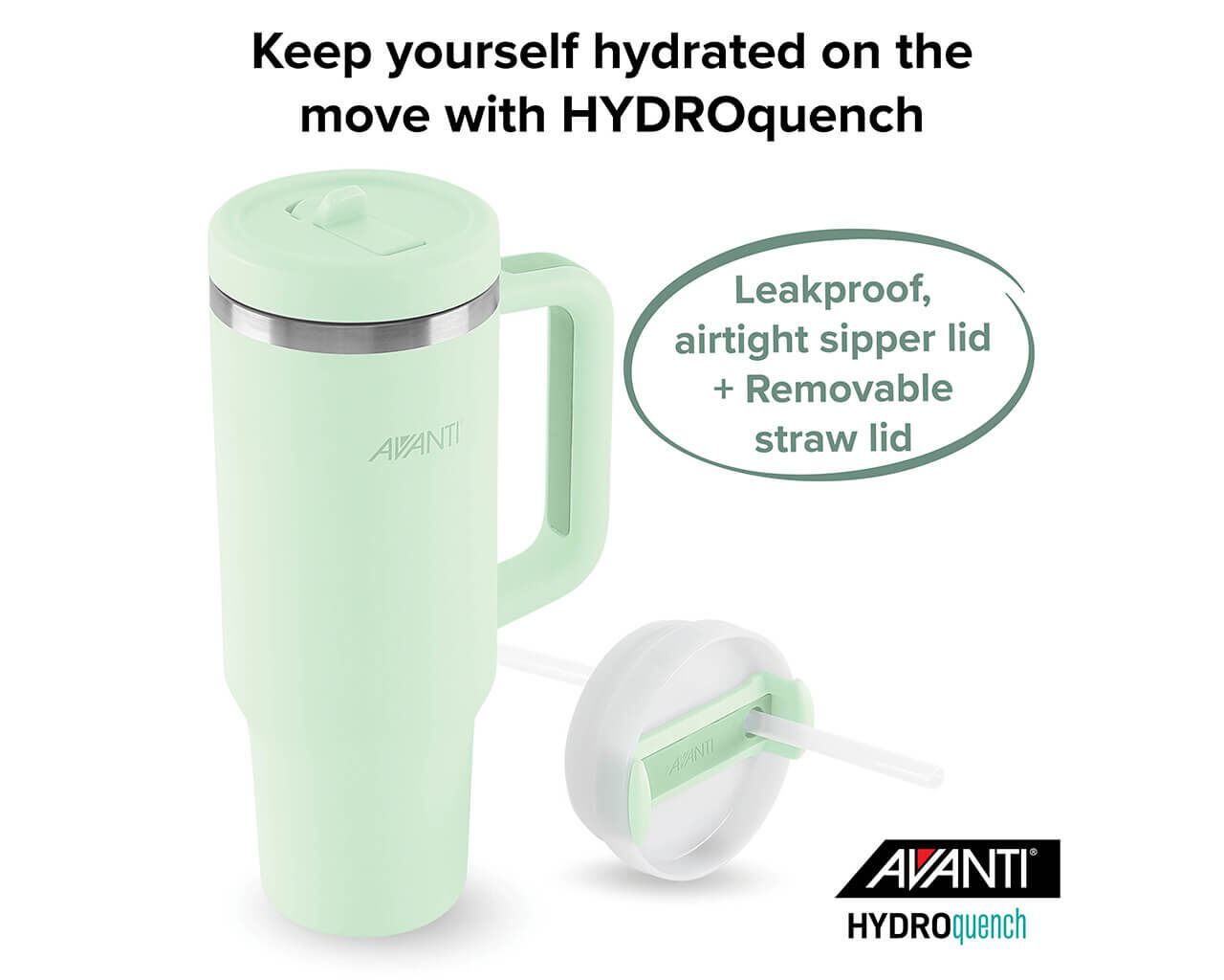 Avanti Hydroquench Insulated Travel Tumbler with Two Lids 1L - Soft Mint, Soft Mint, hi-res