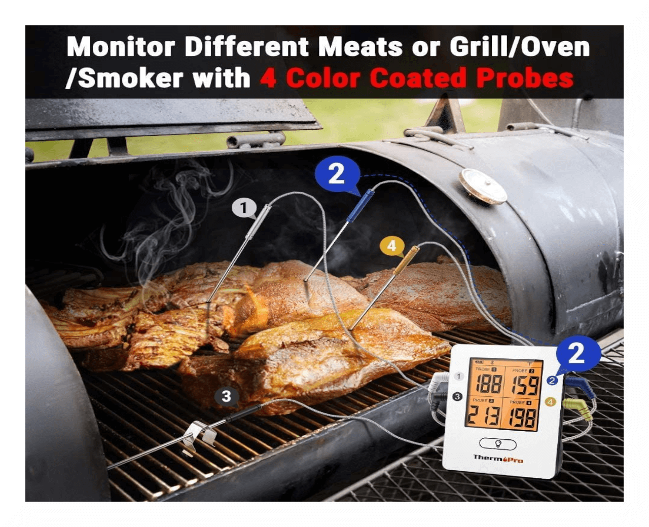 ThermoPro TP25 650FT Bluetooth Meat Thermometer with 4-Probes, Smart  Rechargeable Wireless Meat Thermometer for Grilling, Smoker, Oven, Kitchen,  BBQ
