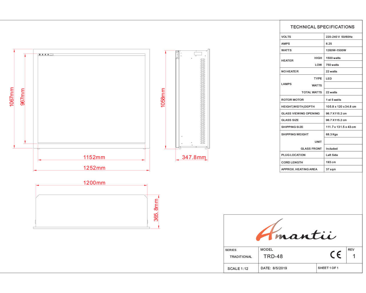 Amantii Smart 48” Fireplace – includes a steel trim, glass inlay, 20 piece log set with remote and cord, , hi-res