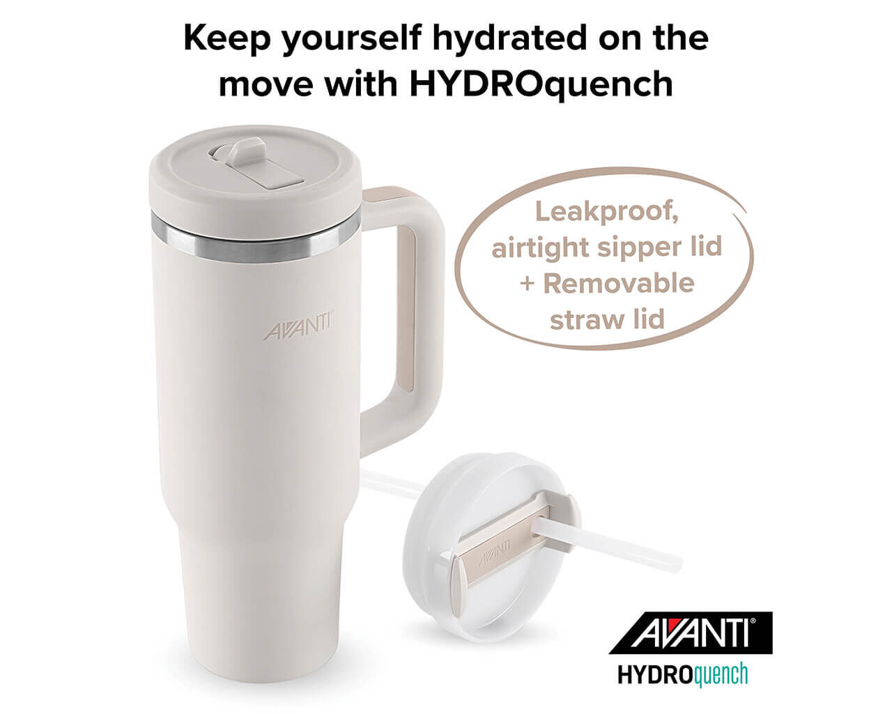 Avanti Hydroquench Insulated Travel Tumbler with Two Lids 1L - Sand Dune, Sand Dune, hi-res