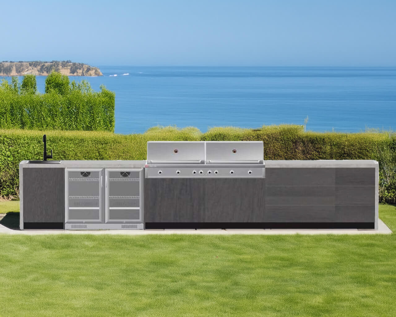 Alfresco Kitchen Co with Ziegler and Brown Grand Turbo 6 Burner Built-In BBQ ,Single Sink, Double Fridge, Double Drawer and Single Drawer Module, , hi-res