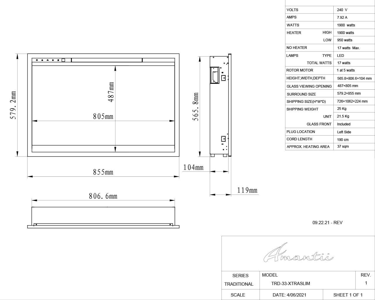 Amantii Smart 33” Fireplace – Includes a steel trim, glass inlay, 10 piece log set with remote and cord, , hi-res