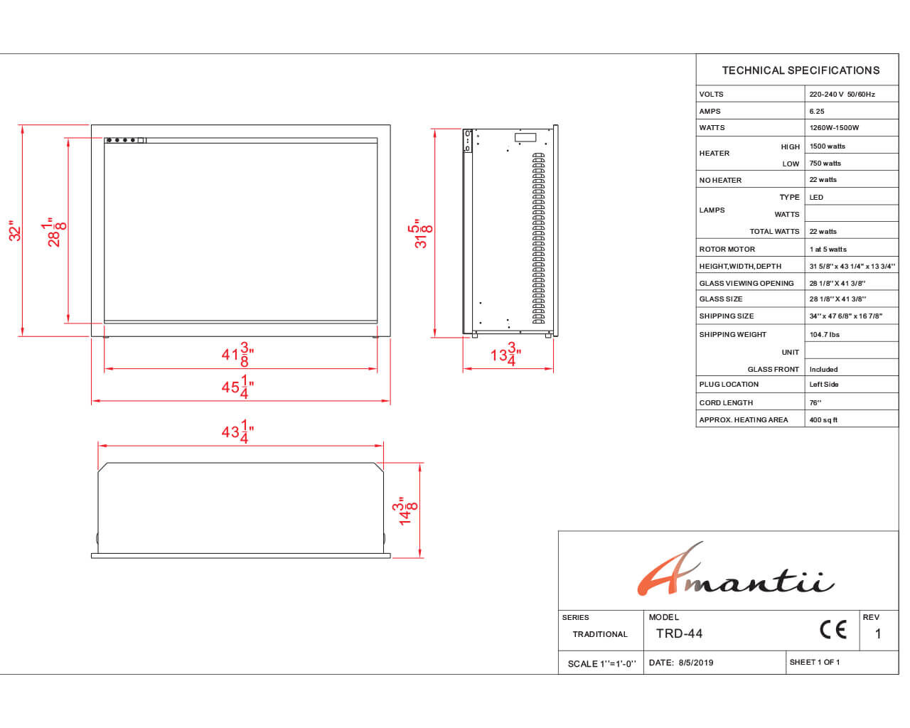 Amantii Smart 44” Fireplace – includes a steel trim, glass inlay, 20 piece log set with remote and cord, , hi-res