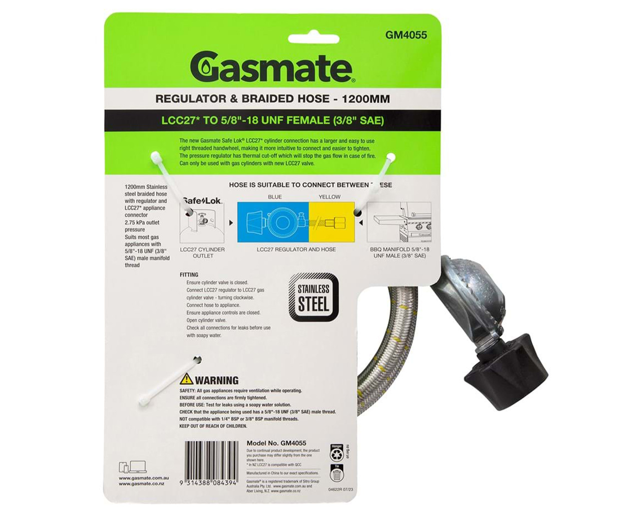 Gasmate Braided Hose & Regulator - 1200mm (LCC27 TO 5/8" UNF (3/8" SAE)), , hi-res image number null