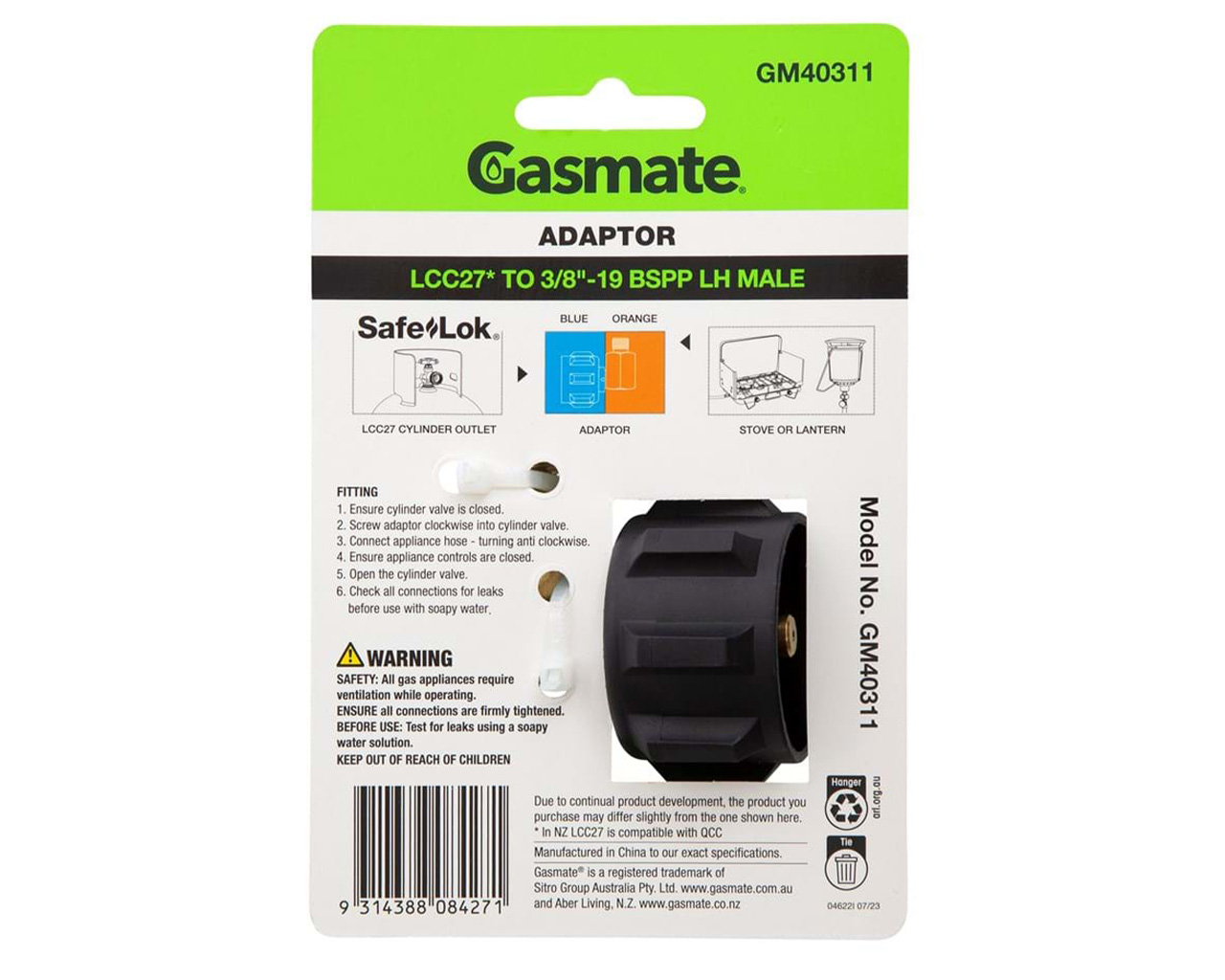 Gasmate 90° Adaptor - LCC27 TO 3/8" BSPP LH, , hi-res image number null