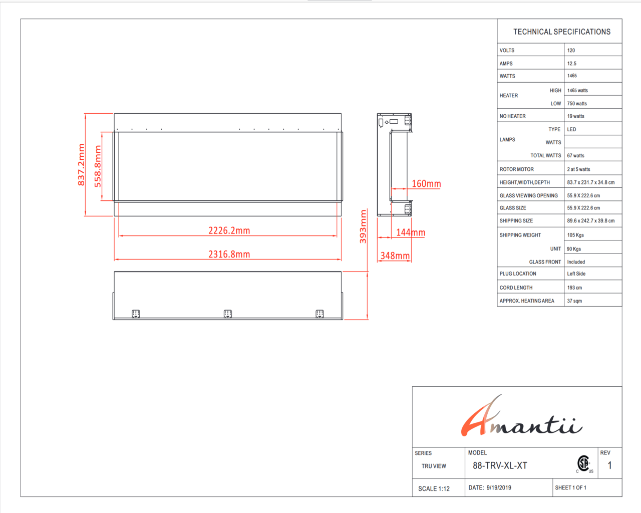 Amantii Smart 88" unit - 14 1/4" in depth 3 sided glass fireplace, , hi-res image number null