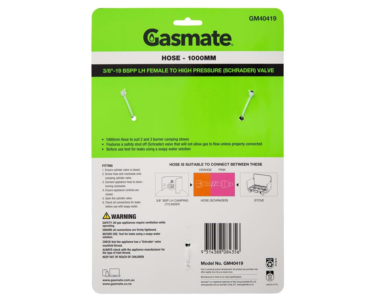 Gasmate PVC Hose - 1000mm (3/8" BSPP LH To High Pressure (Schrader) Valve), , hi-res image number null