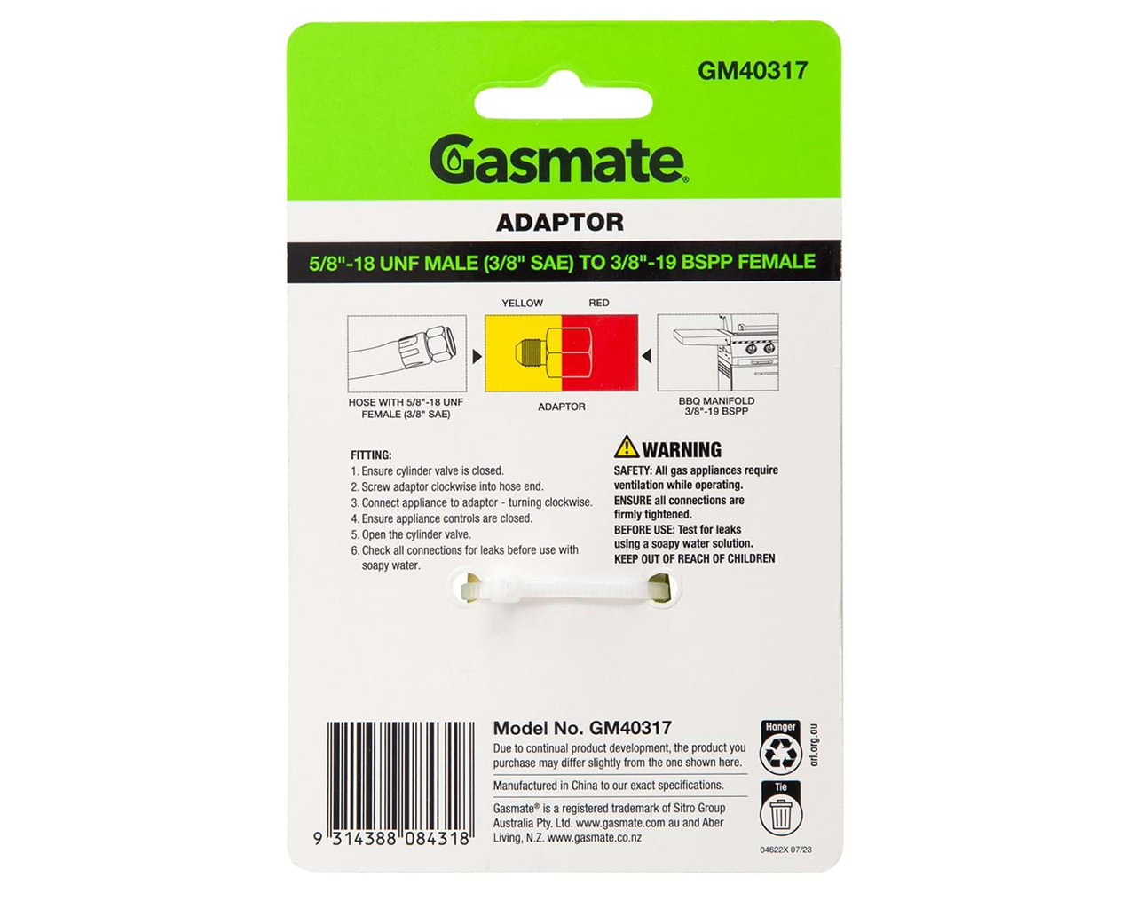 Gasmate Adaptor-  5/8"-18 UNF Male (3/8" SAE) to 3/8"-19 BSPP Female, , hi-res image number null