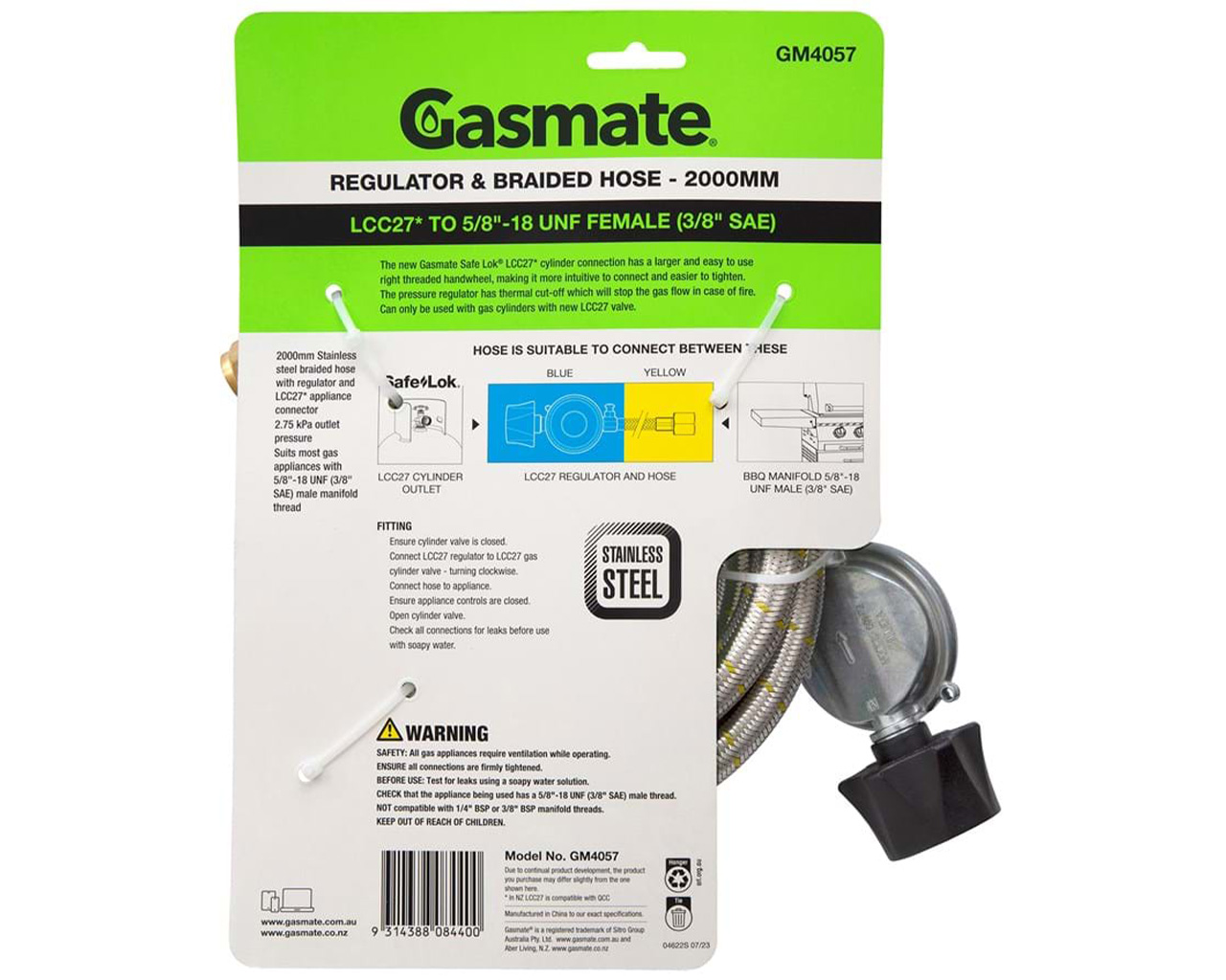 Gasmate Braided Hose & Regulator - 2000mm (LCC27 TO 5/8" UNF (3/8" SAE)), , hi-res image number null