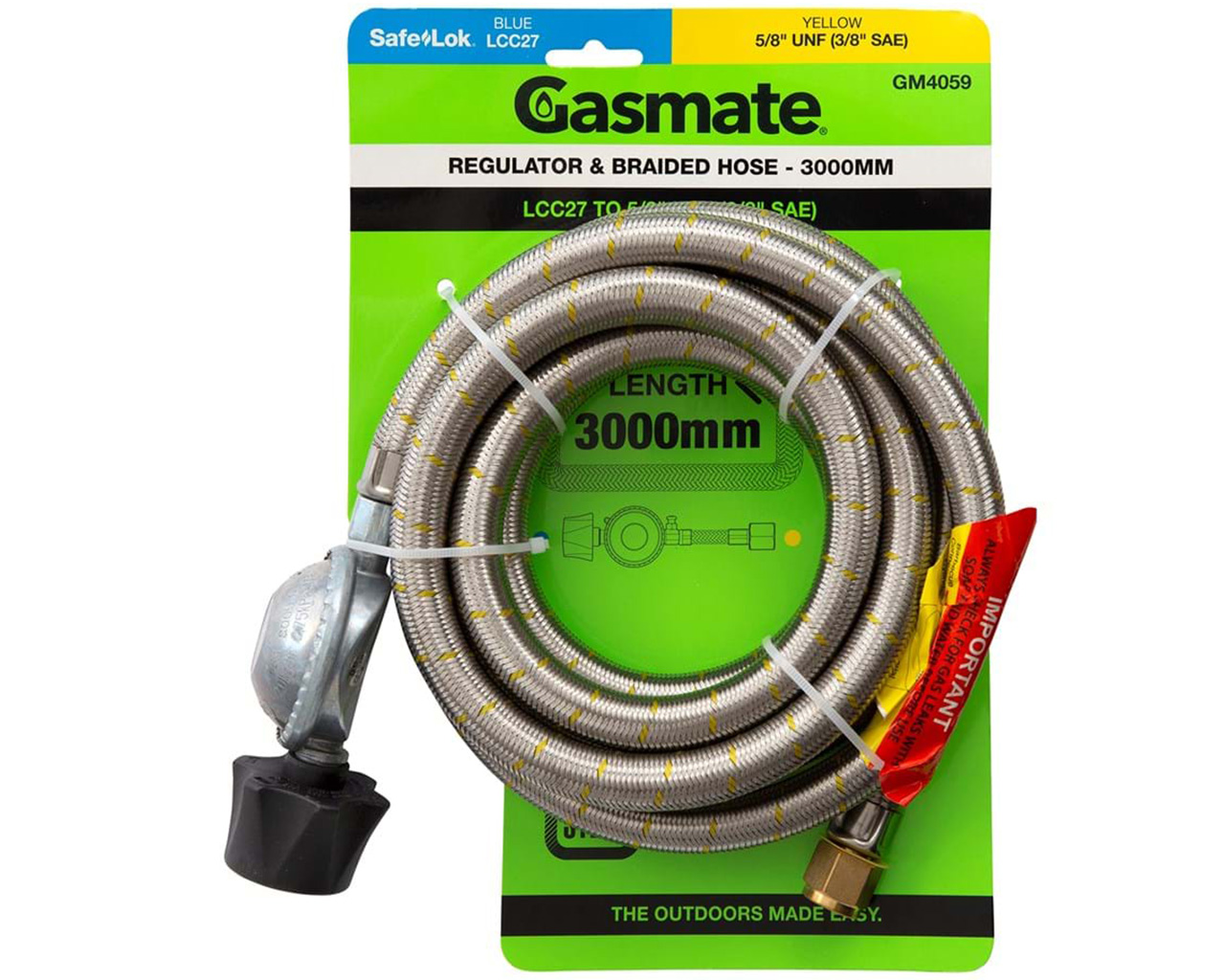 Gasmate Braided Hose & Regulator - 3000mm (LCC27 TO 5/8" UNF (3/8" SAE)), , hi-res image number null