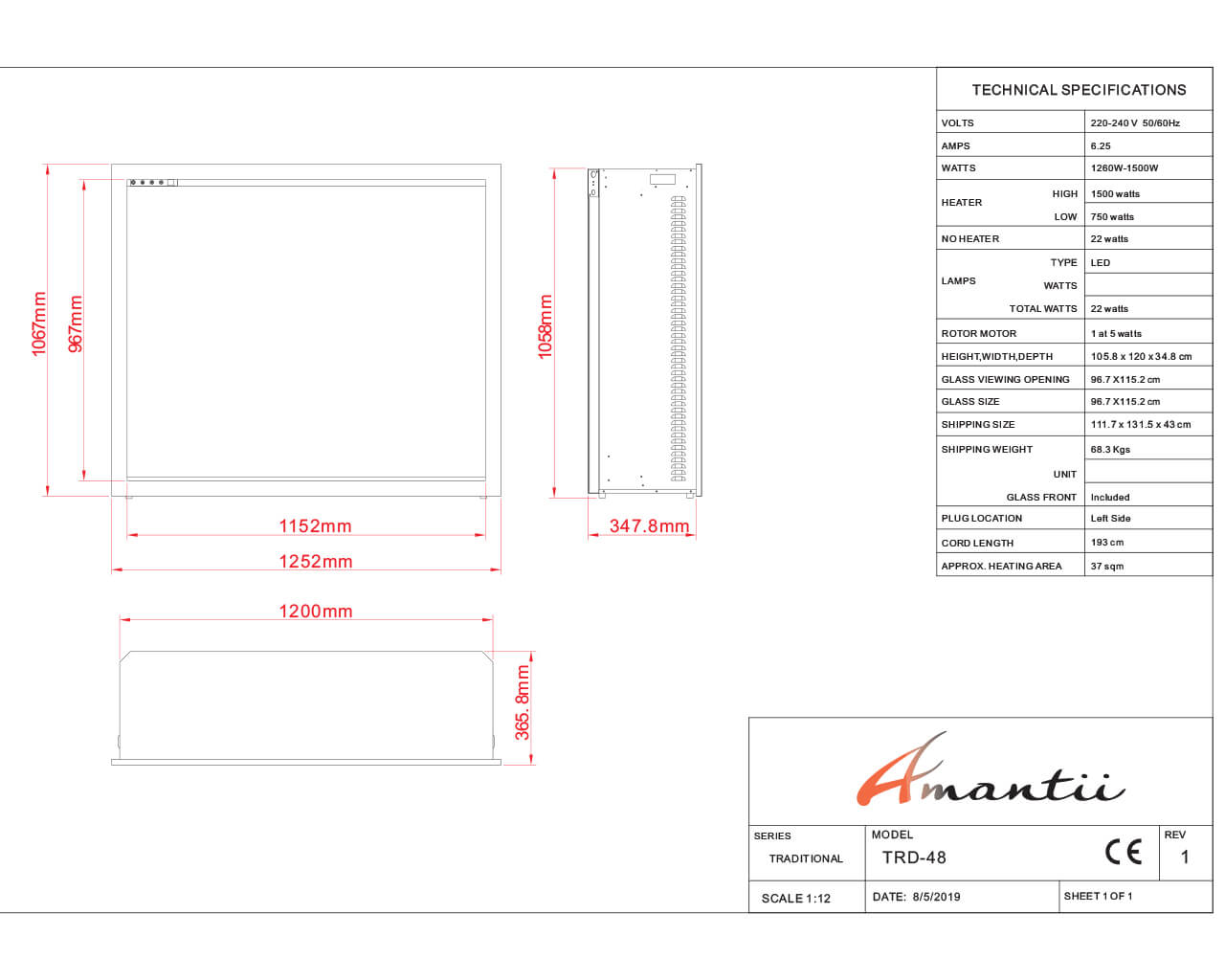 Amantii Smart 48” Fireplace – includes a steel trim, glass inlay, 20 piece log set with remote and cord, , hi-res image number null