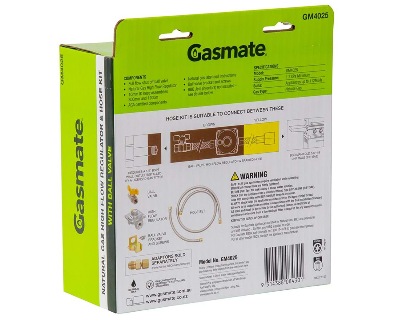 Gasmate Natural Gas High Flow Regulator & Hose Kit with Ball Valve (1/2" BSPT TO 5/8" UNF (3/8" SAE)), , hi-res image number null