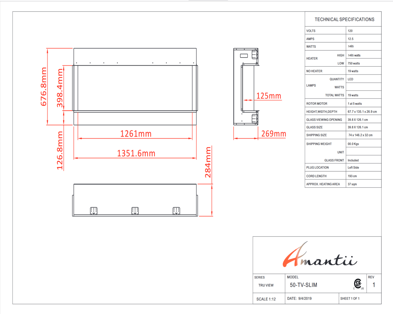 Amantii Smart 50" unit – 10 5/8" in depth 3 sided glass fireplace, , hi-res image number null