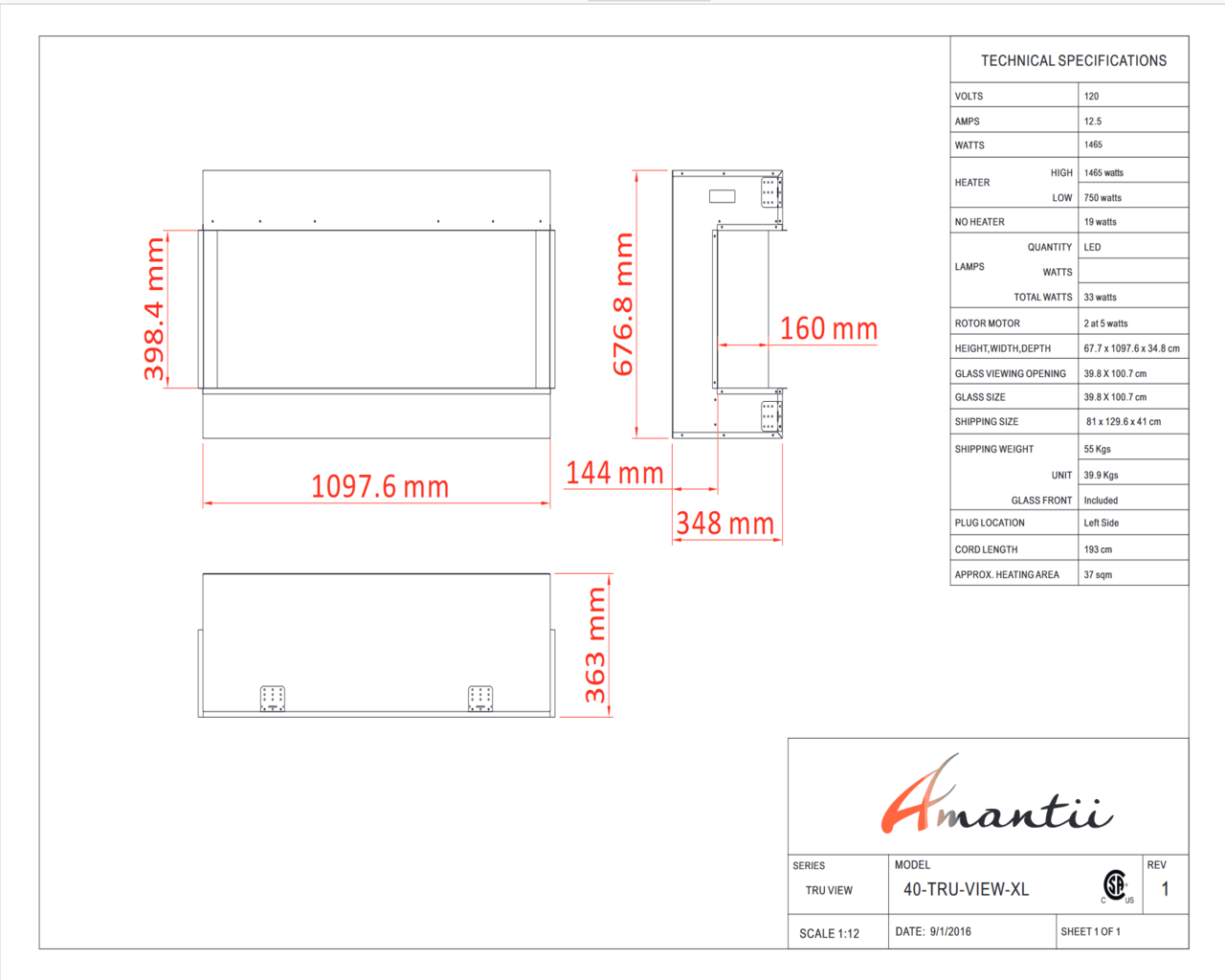 Amantii Smart 40" 3 sided glass electric fireplace Built-in only, , hi-res image number null