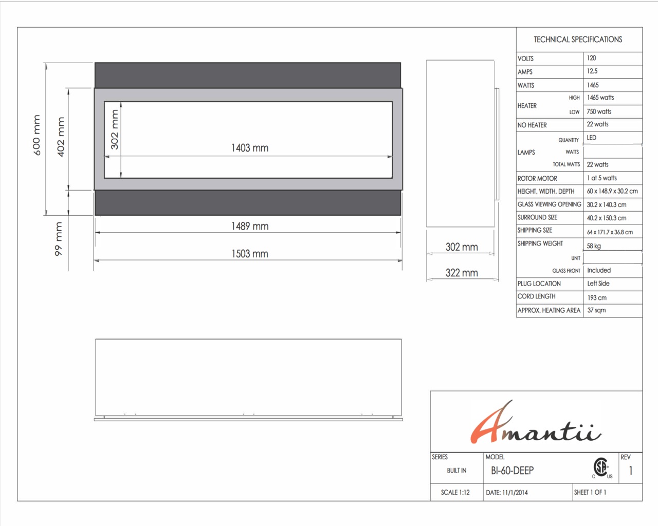 Amantii Smart 60" Electric Deep Built-in only comes with optional black steel surround, , hi-res image number null