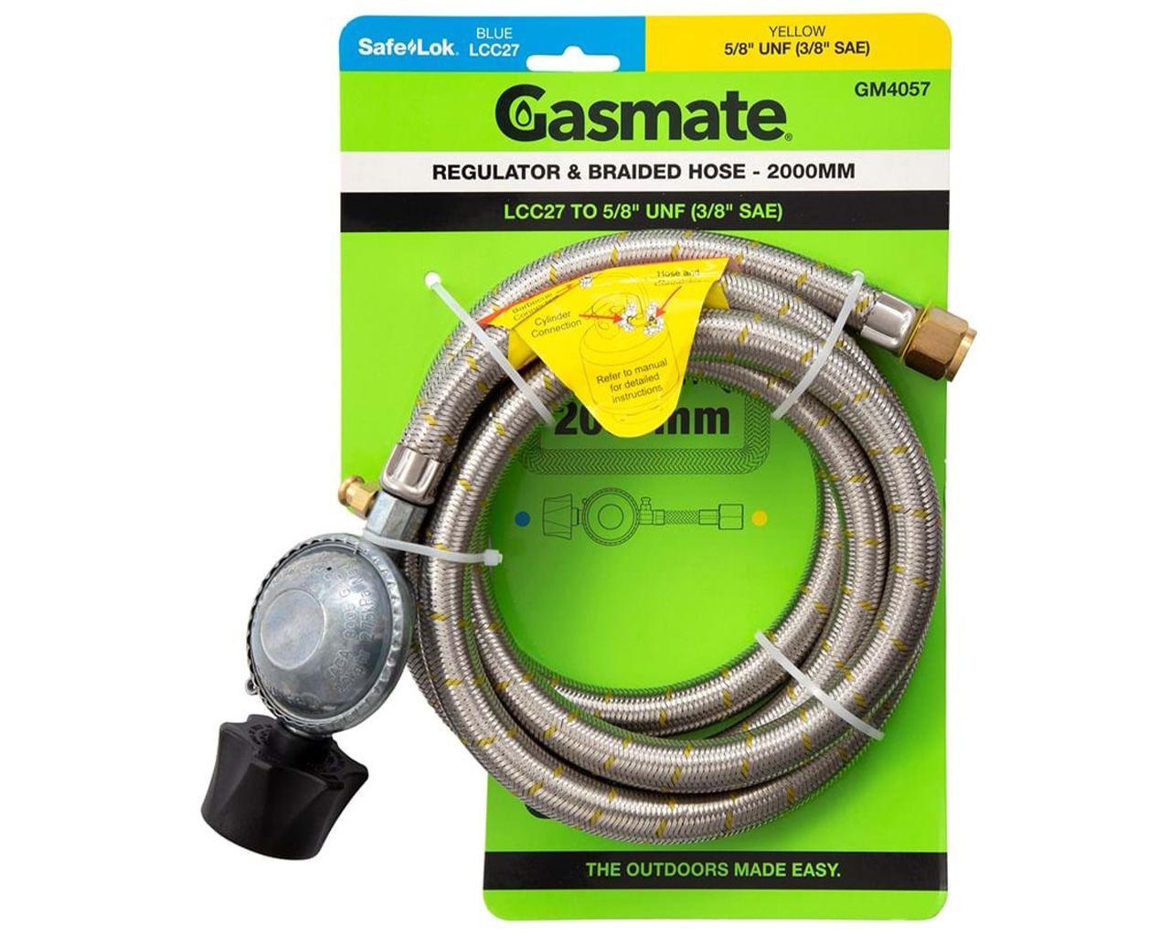 Gasmate Braided Hose & Regulator - 2000mm (LCC27 TO 5/8" UNF (3/8" SAE)), , hi-res image number null