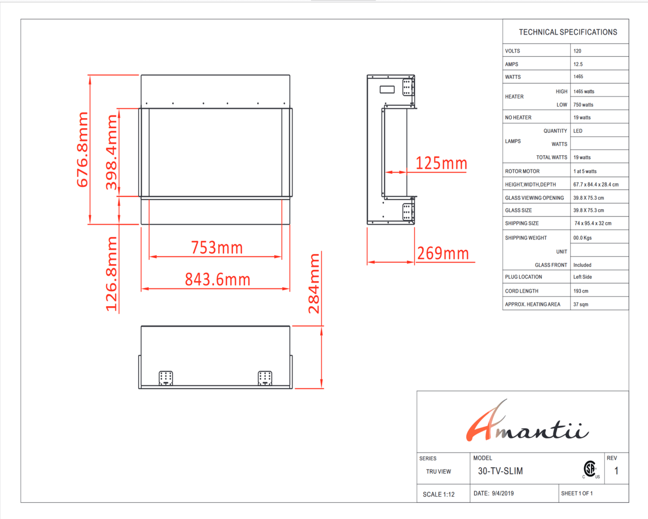 Amantii Smart 30" unit – 10 5/8" in depth 3 sided glass fireplace, , hi-res image number null