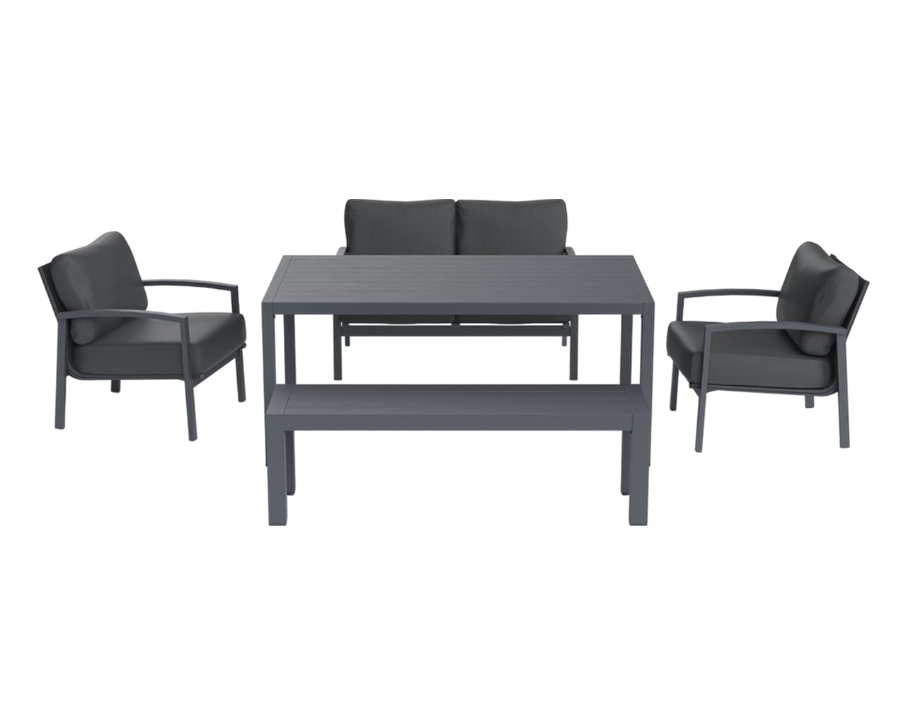 Jette 5 Piece Outdoor Low Dining Setting with 1 Two-Seat Lounge, 2 Single-Seat Lounges, 1 Table and 1 Bench - Gunmetal Grey, , hi-res image number null