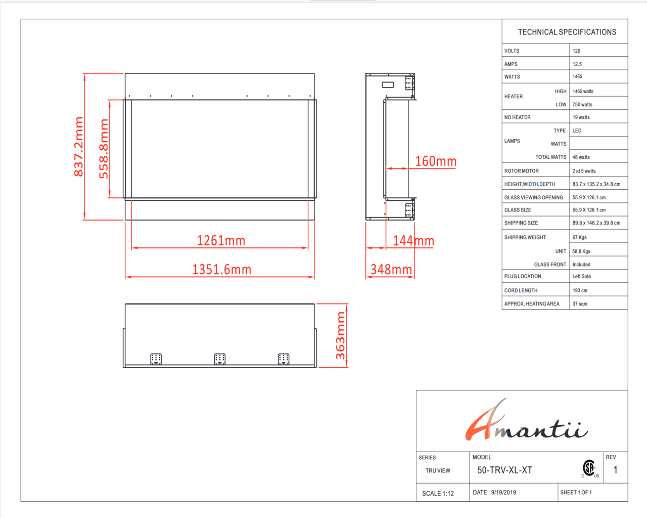 Amantii Smart 50" unit - 14 1/4" in depth 3 sided glass fireplace, , hi-res image number null