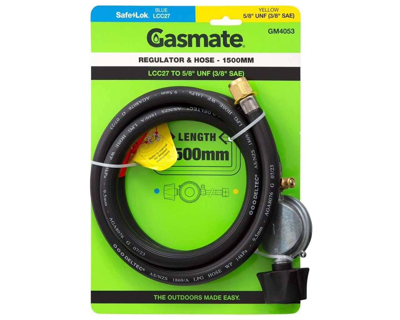 Gasmate PVC Hose & Regulator - 1500mm (LCC27 TO 5/8" UNF (3/8" SAE)), , hi-res image number null