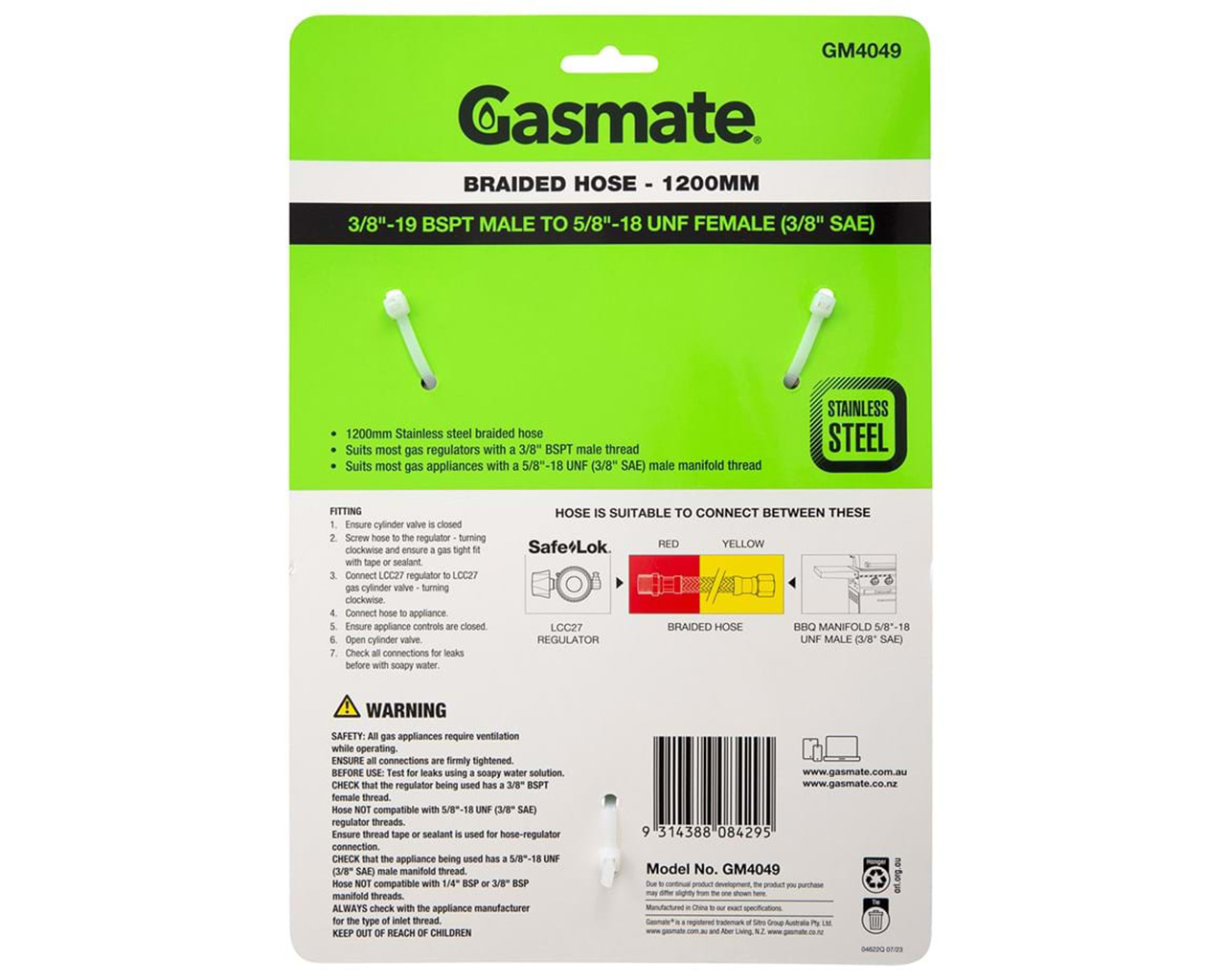 Gasmate Braided Hose -1200mm (3/8" BSPT TO 5/8" UNF (3/8" SAE)), , hi-res image number null