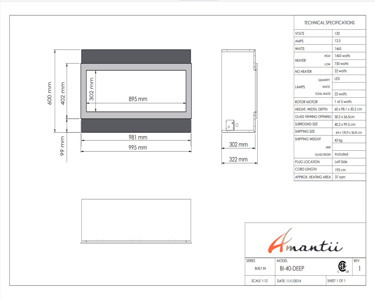 Amantii Smart 40" Electric Deep Built-in only comes with optional black steel surround, , hi-res image number null