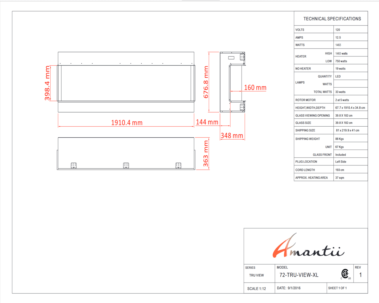 Amantii Smart 72" 3 sided glass electric fireplace Built-in only, , hi-res image number null