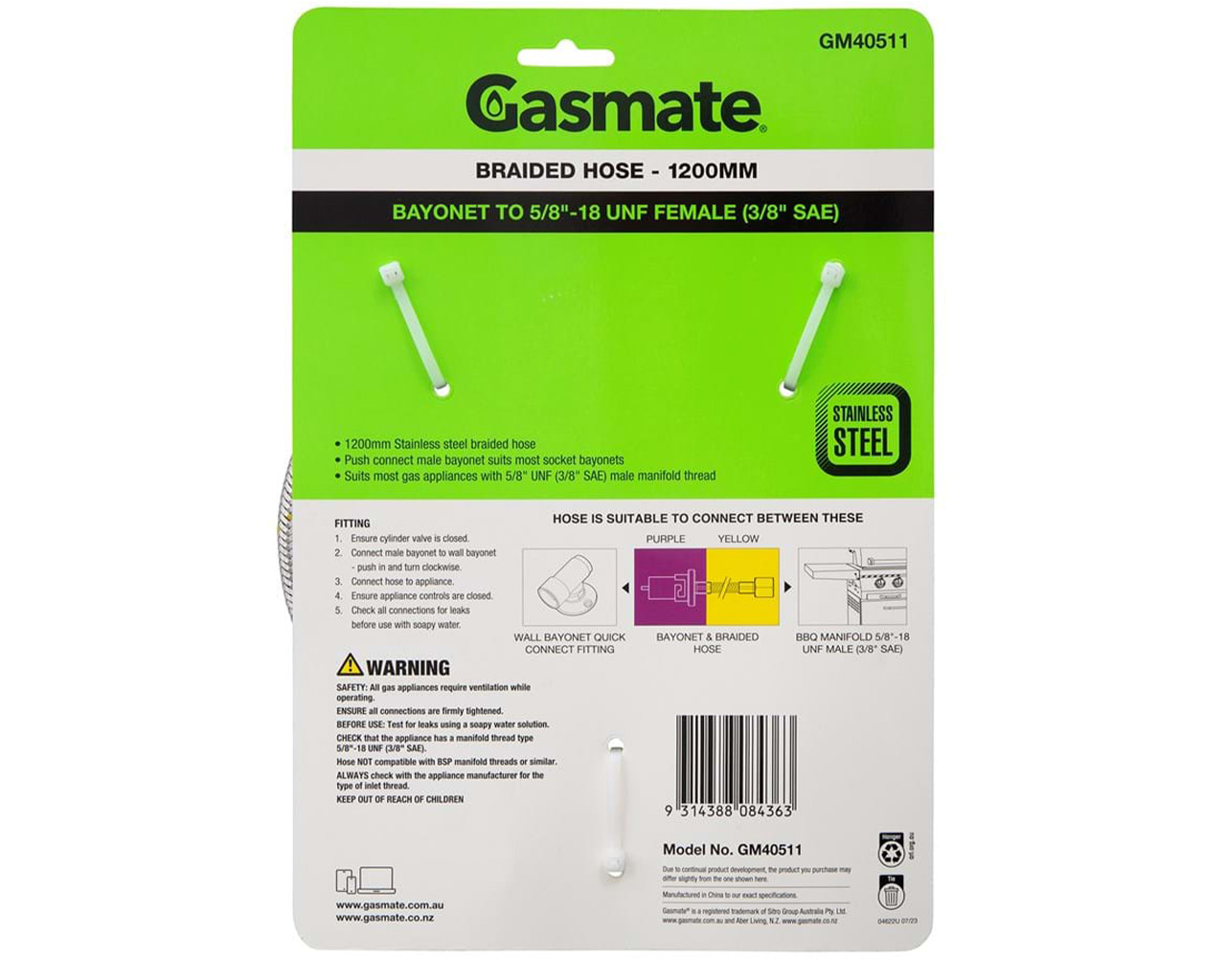 Gasmate Braided Bayonet Hose - 1200mm (Bayonet To 5/8" UNF (3/8" SAE)), , hi-res image number null