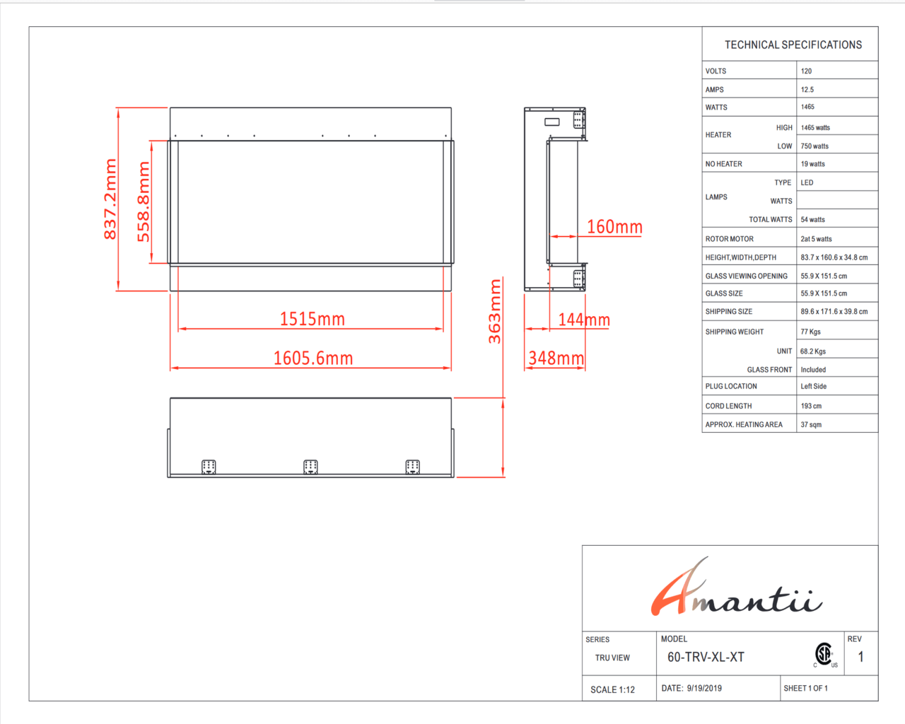 Amantii Smart 60" unit - 14 1/4" in depth 3 sided glass fireplace, , hi-res image number null