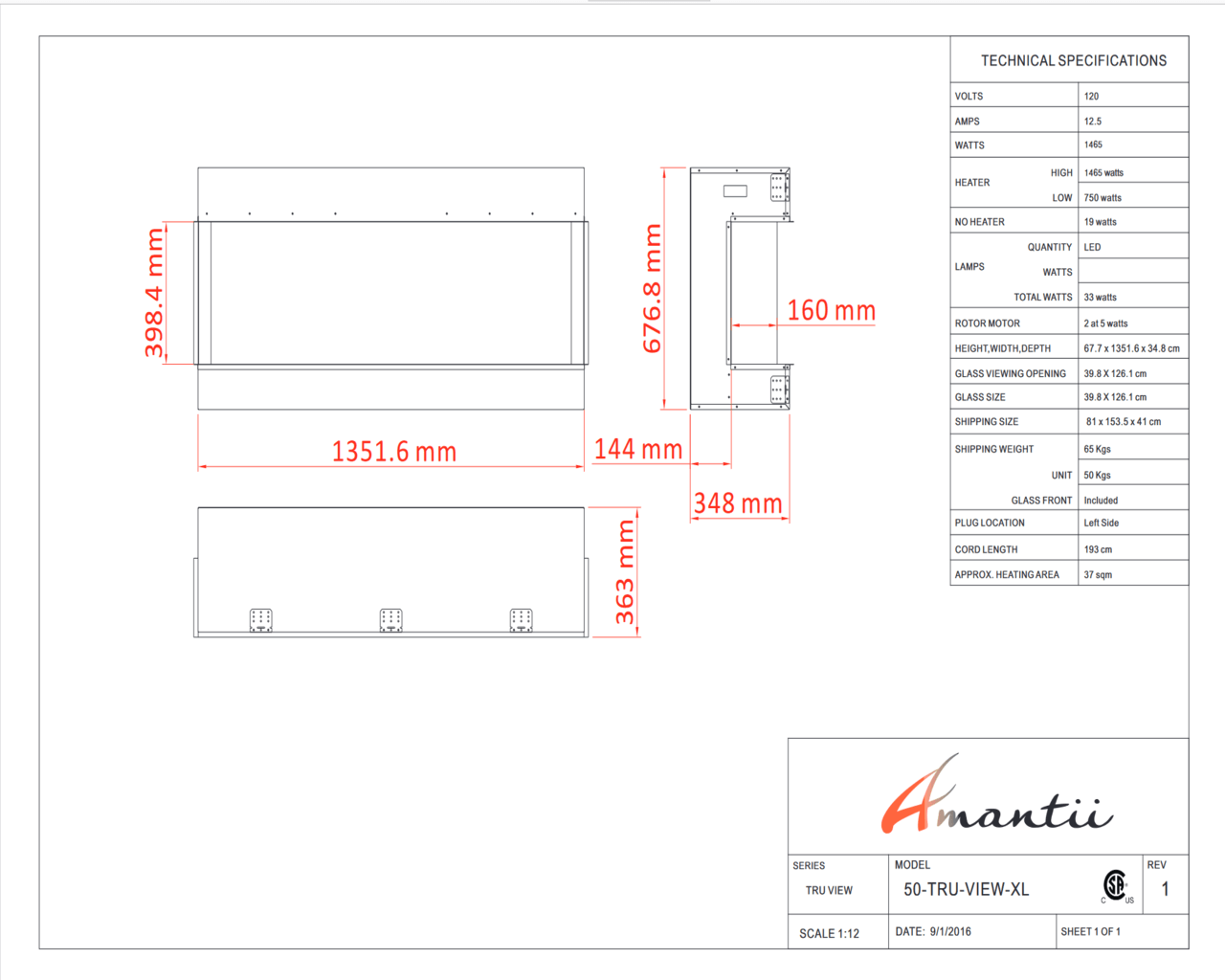 Amantii Smart 50" 3 sided glass electric fireplace Built-in only, , hi-res image number null