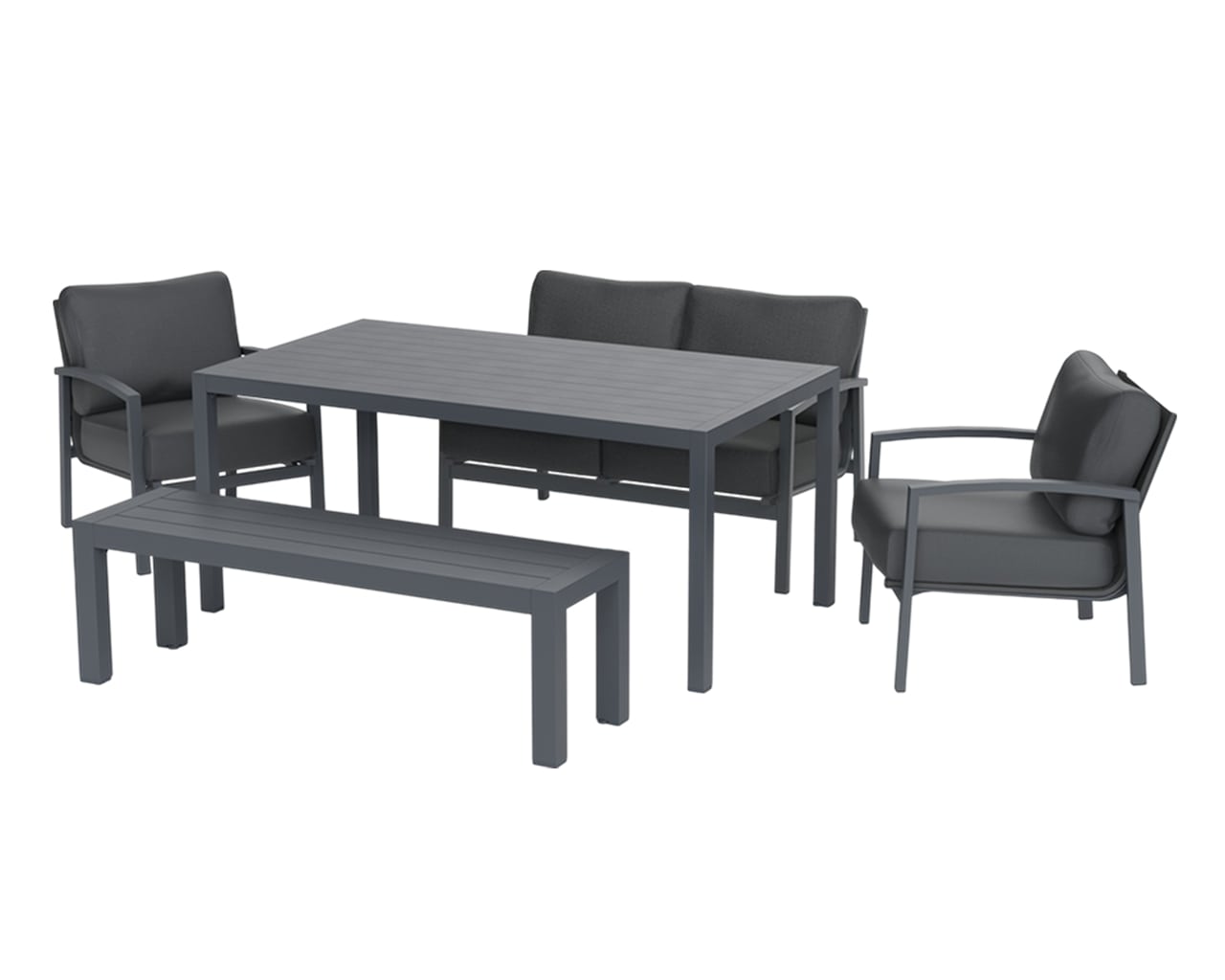 Jette 5 Piece Outdoor Low Dining Setting with 1 Two-Seat Lounge, 2 Single-Seat Lounges, 1 Table and 1 Bench - Gunmetal Grey, , hi-res image number null