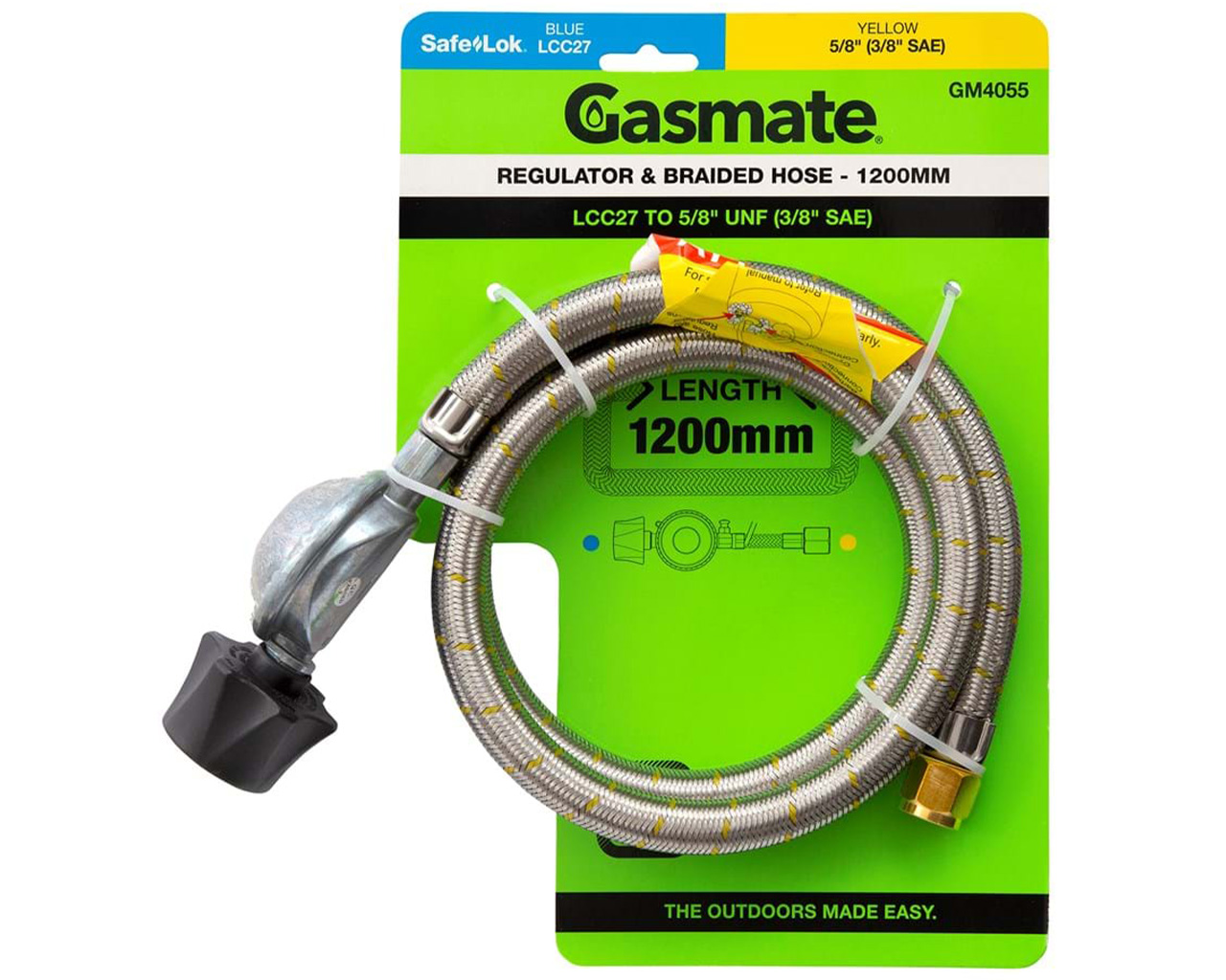 Gasmate Braided Hose & Regulator - 1200mm (LCC27 TO 5/8" UNF (3/8" SAE)), , hi-res image number null