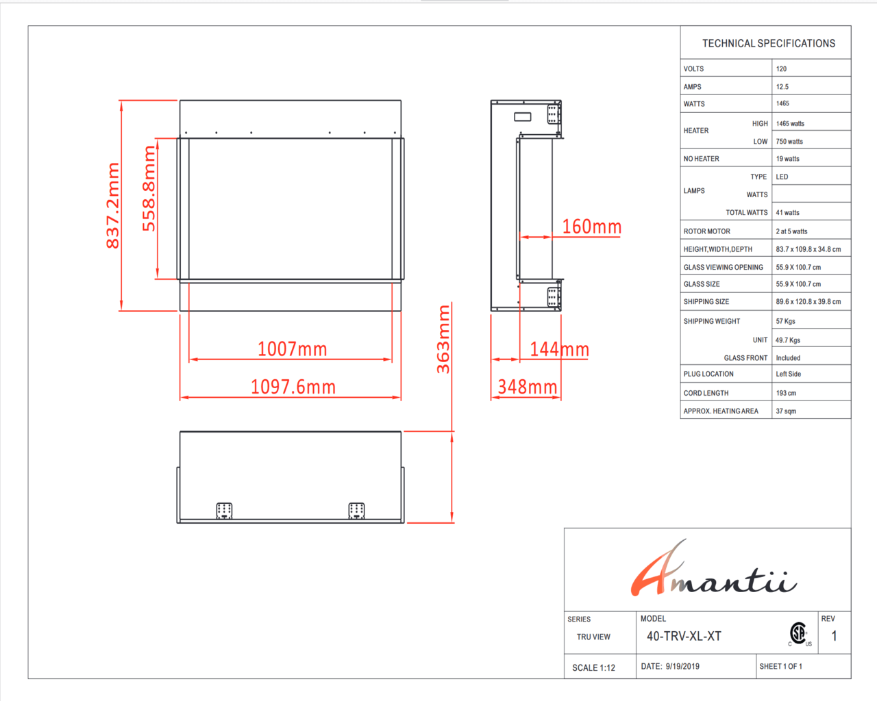 Amantii Smart 40" unit - 14 1/4" in depth 3 sided glass fireplace, , hi-res image number null