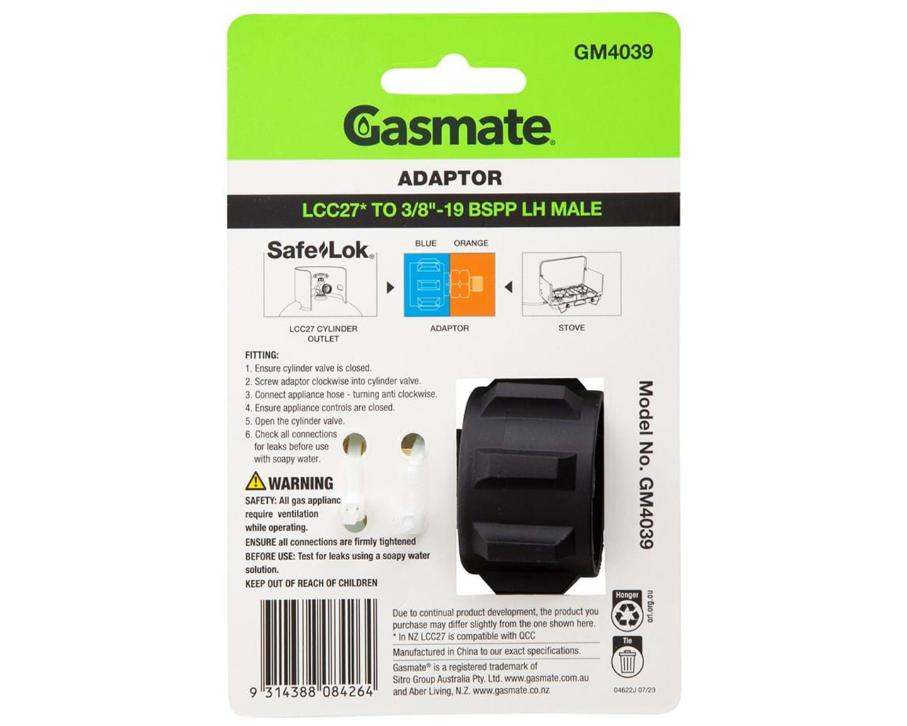 Gasmate Adaptor - LCC27 to 3/8 BSPP-LH, , hi-res image number null