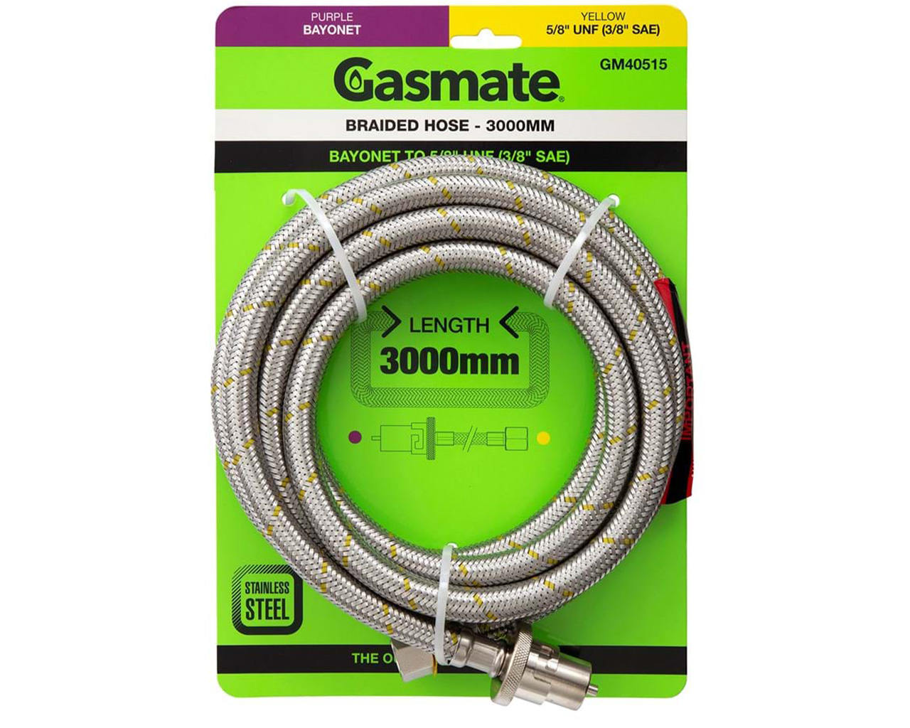 Gasmate Braided Bayonet Hose - 3000mm (Bayonet To 5/8" UNF (3/8" SAE)), , hi-res image number null