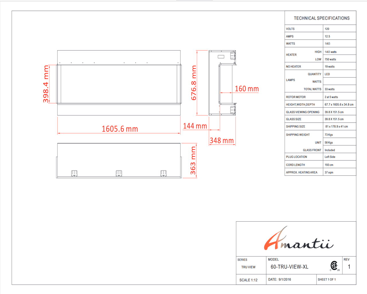 Amantii Smart 60" 3 sided glass electric fireplace Built-in only, , hi-res image number null