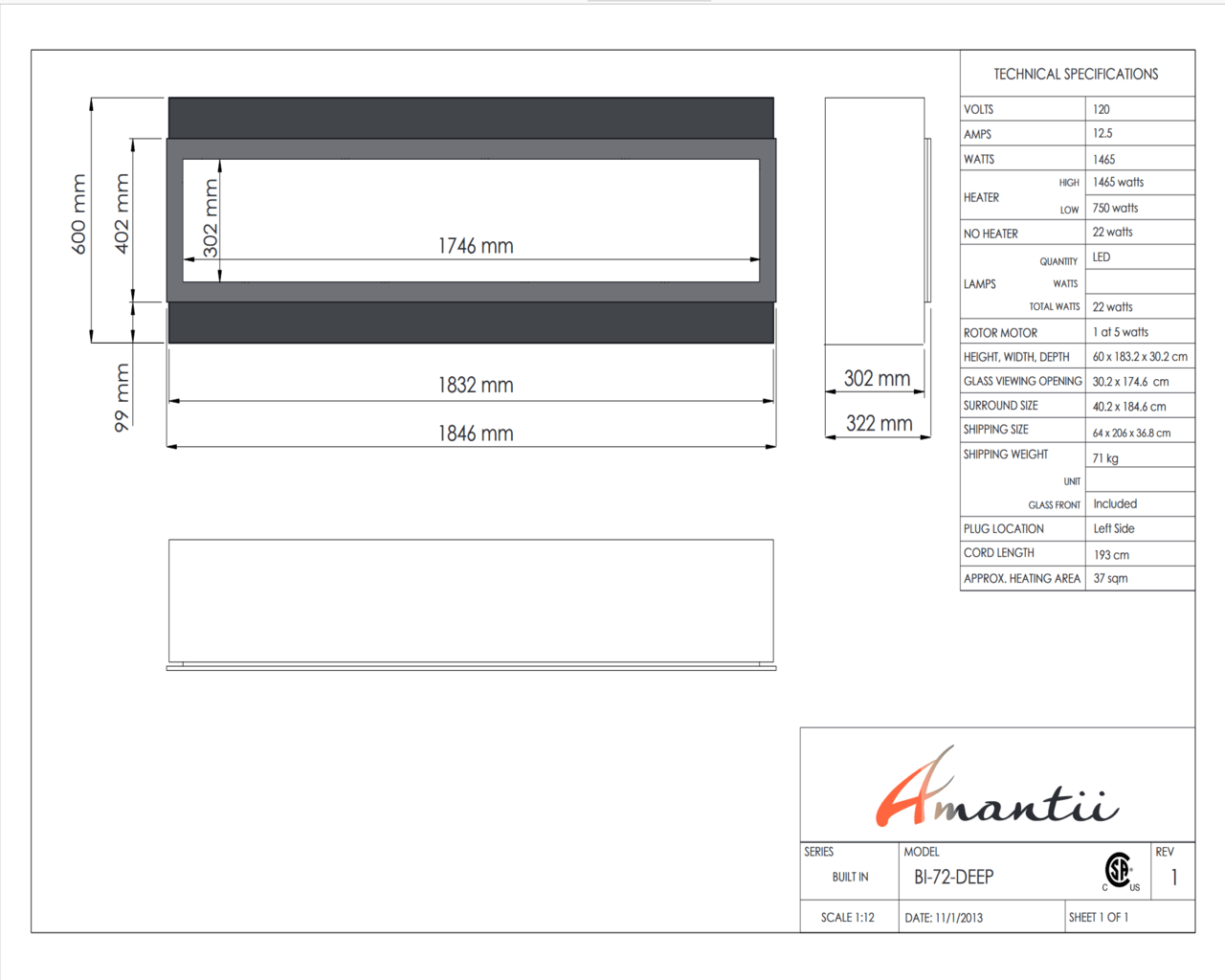 Amantii Smart 72" Electric Deep  Built-in only comes with optional black steel surround, , hi-res image number null