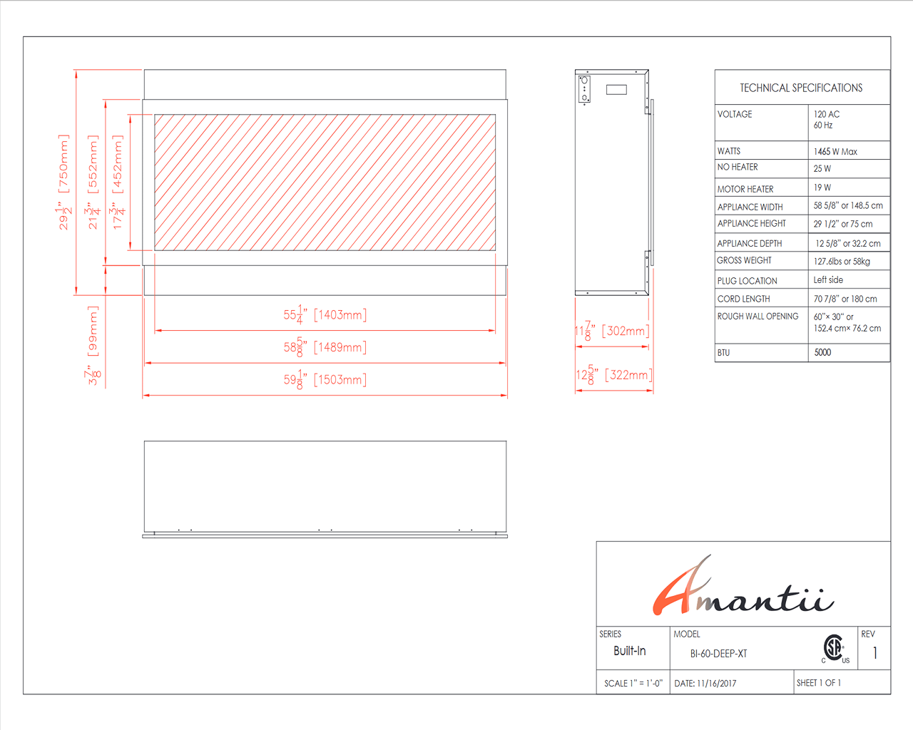 Amantii Smart 60″ Wide – Deep Indoor or Outdoor Electric Built-in only with Black Steel Surround, , hi-res image number null