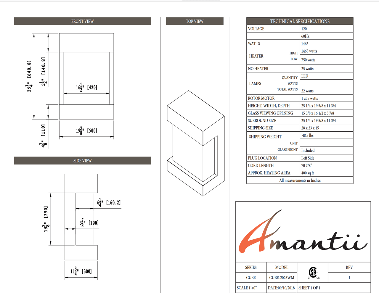 Amantii Smart 25" unit - 11 3/4" in depth 3 sided glass fireplace, , hi-res image number null