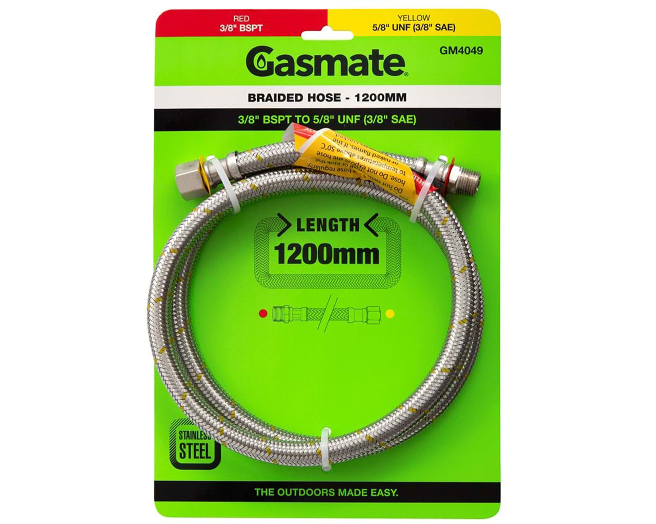 Gasmate Braided Hose -1200mm (3/8" BSPT TO 5/8" UNF (3/8" SAE)), , hi-res image number null