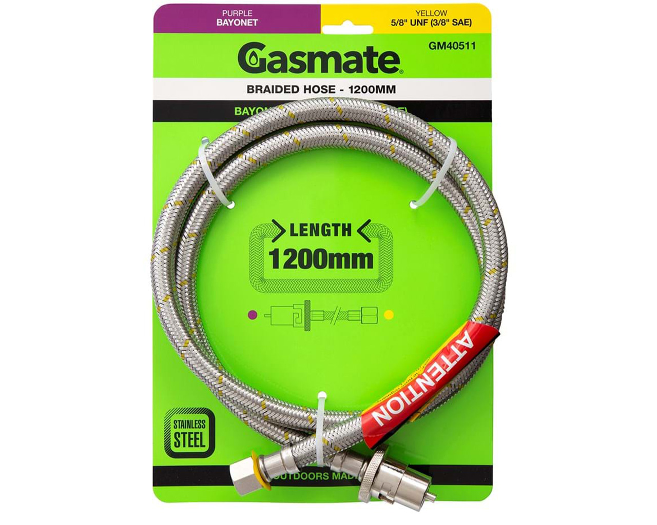 Gasmate Braided Bayonet Hose - 1200mm (Bayonet To 5/8" UNF (3/8" SAE)), , hi-res image number null